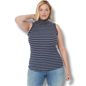 LANE BRYANT Classic Sleeveless Mock Neck Ribbed Tank - 18/20 Navy/White Stripe